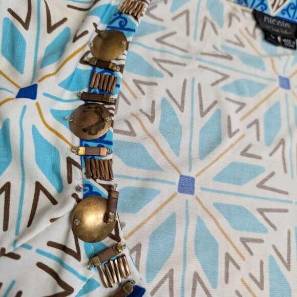 Nicole Miller Blue Boho Aztec Beaded Embellished Neck Floral Dress Large Ruffled - Picture 8 of 15